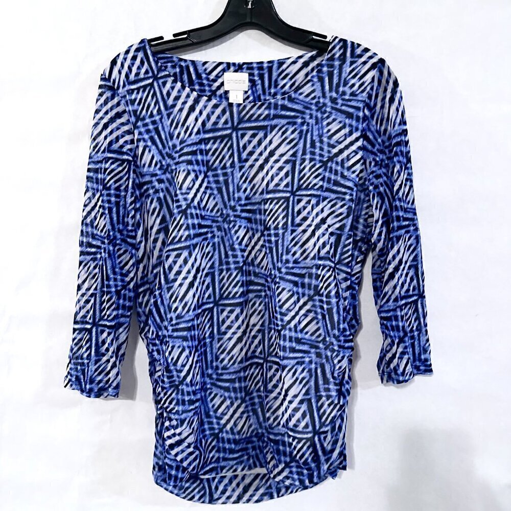 Chicos Size Small 1 BlueTop Blouse 3/4 Sleeves Zebra Mesh Ombré Striped See thru - Picture 5 of 7